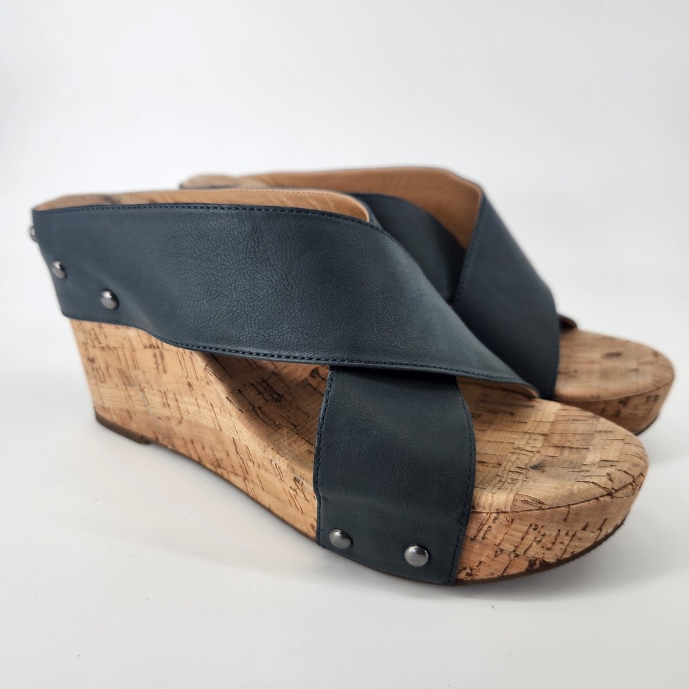 Lucky Brand Women Navy Blue Leather Crisscross Cork Wedge Platform Sandals 9M 40
